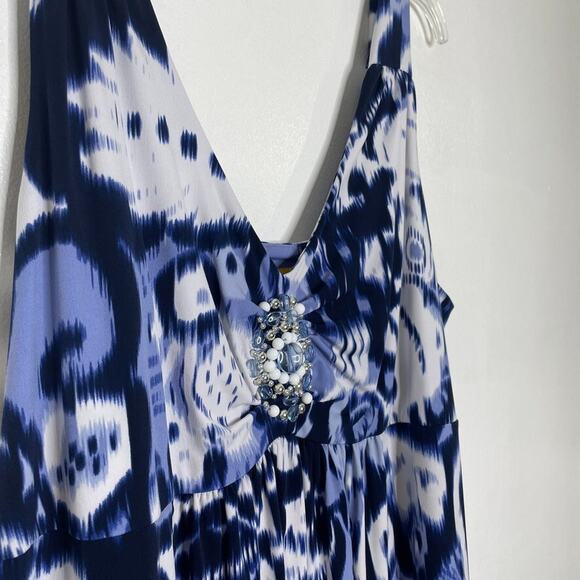 Ruby Rd. Plus Maxi Dress 1X Sleeveless Blue White Ikat Print Beaded Boho - Picture 2 of 6